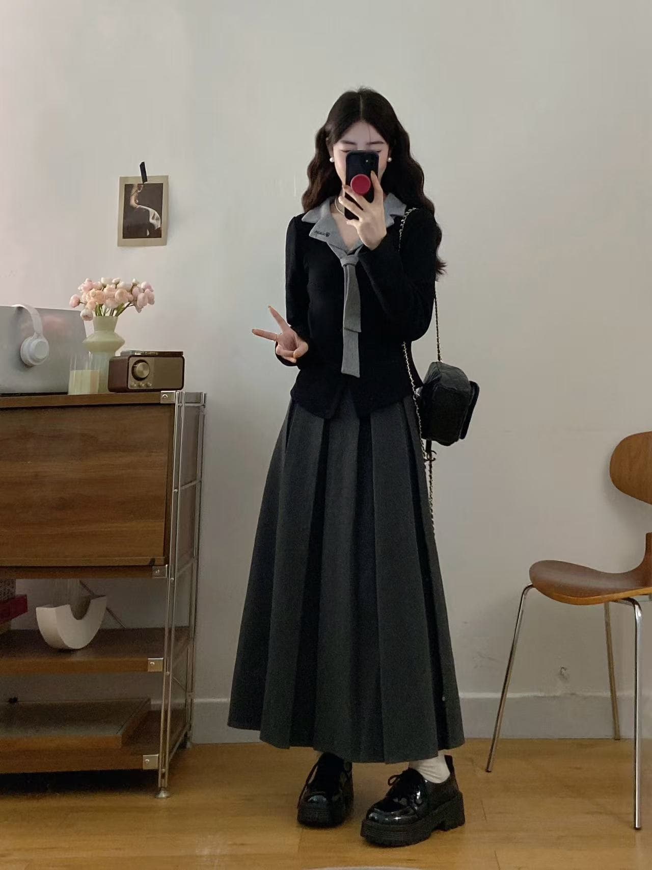 실사 빅 사이즈 여성 의류 지방 mm 페이크 레이어드 폴로 칼라 자수 맨위 플리츠 롱 스커트 투피스 세트 상세 이미지 1