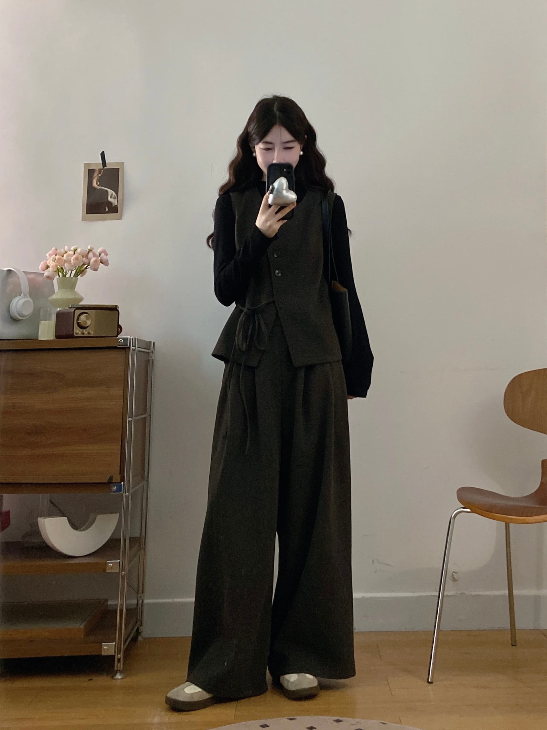 실사 빅 사이즈 여성 의류 지방 mm 새로운 패션 슬림해 보이는 모직 베스트 티셔츠 와이드 레그 팬츠 3종 세트 이미지 4