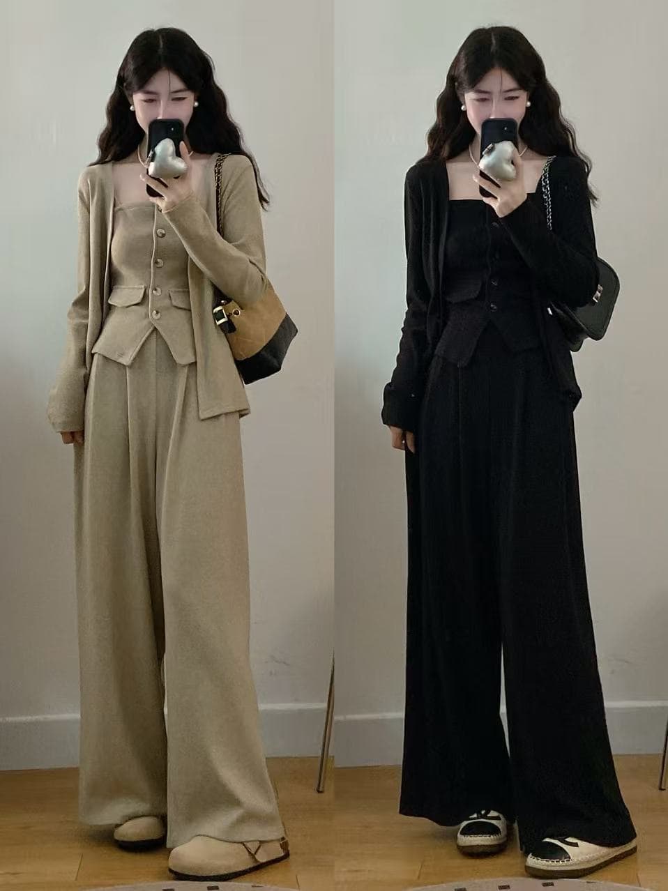 실사 빅 사이즈 여성 의류 지방 mm 새로운 품격 한 부서 캐주얼 오픈 가디건 몸매 가꾸기 튜브탑 슬립 와이드 레그 팬츠 세트