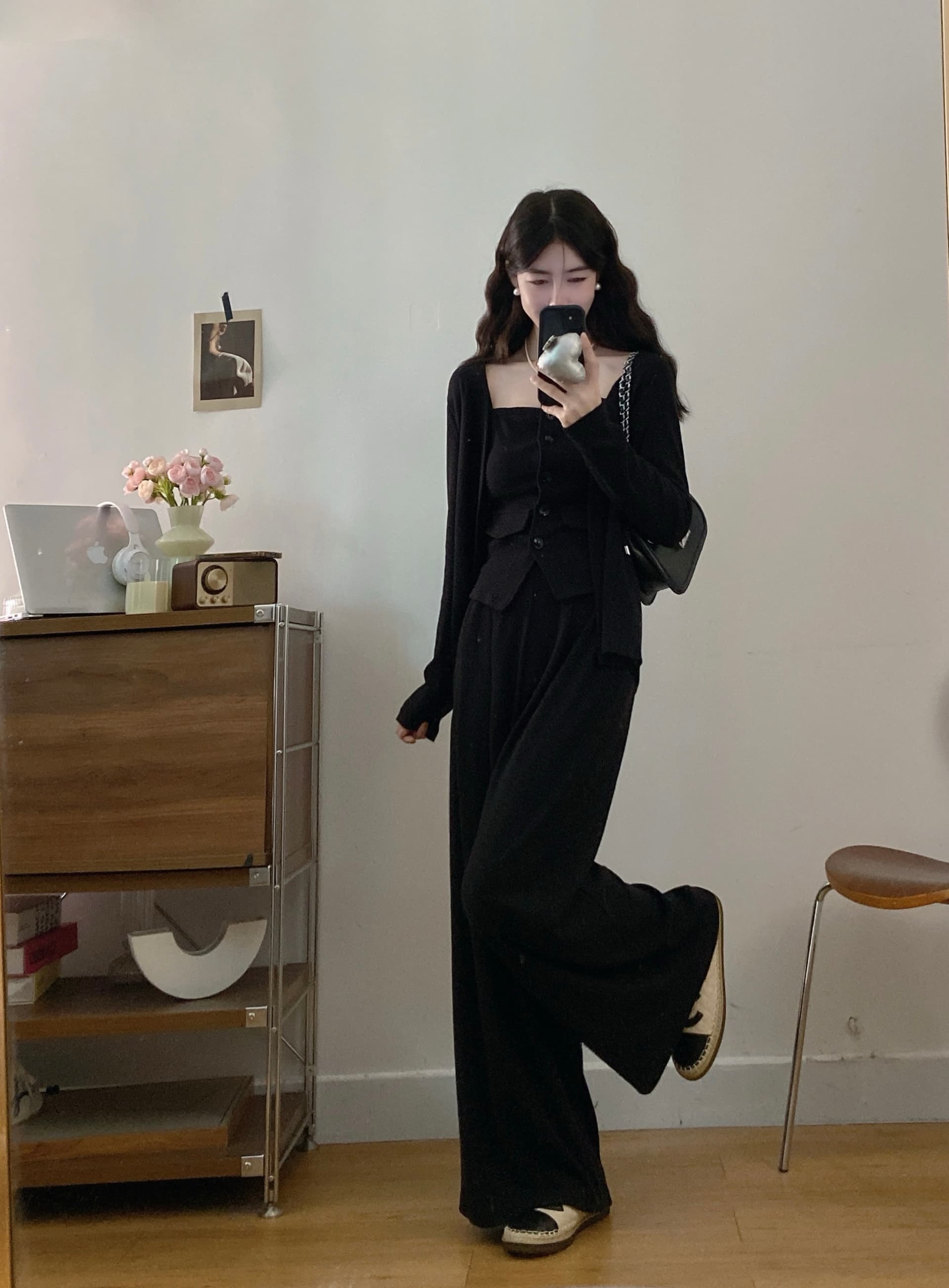 실사 빅 사이즈 여성 의류 지방 mm 새로운 품격 한 부서 캐주얼 오픈 가디건 몸매 가꾸기 튜브탑 슬립 와이드 레그 팬츠 세트 이미지 3