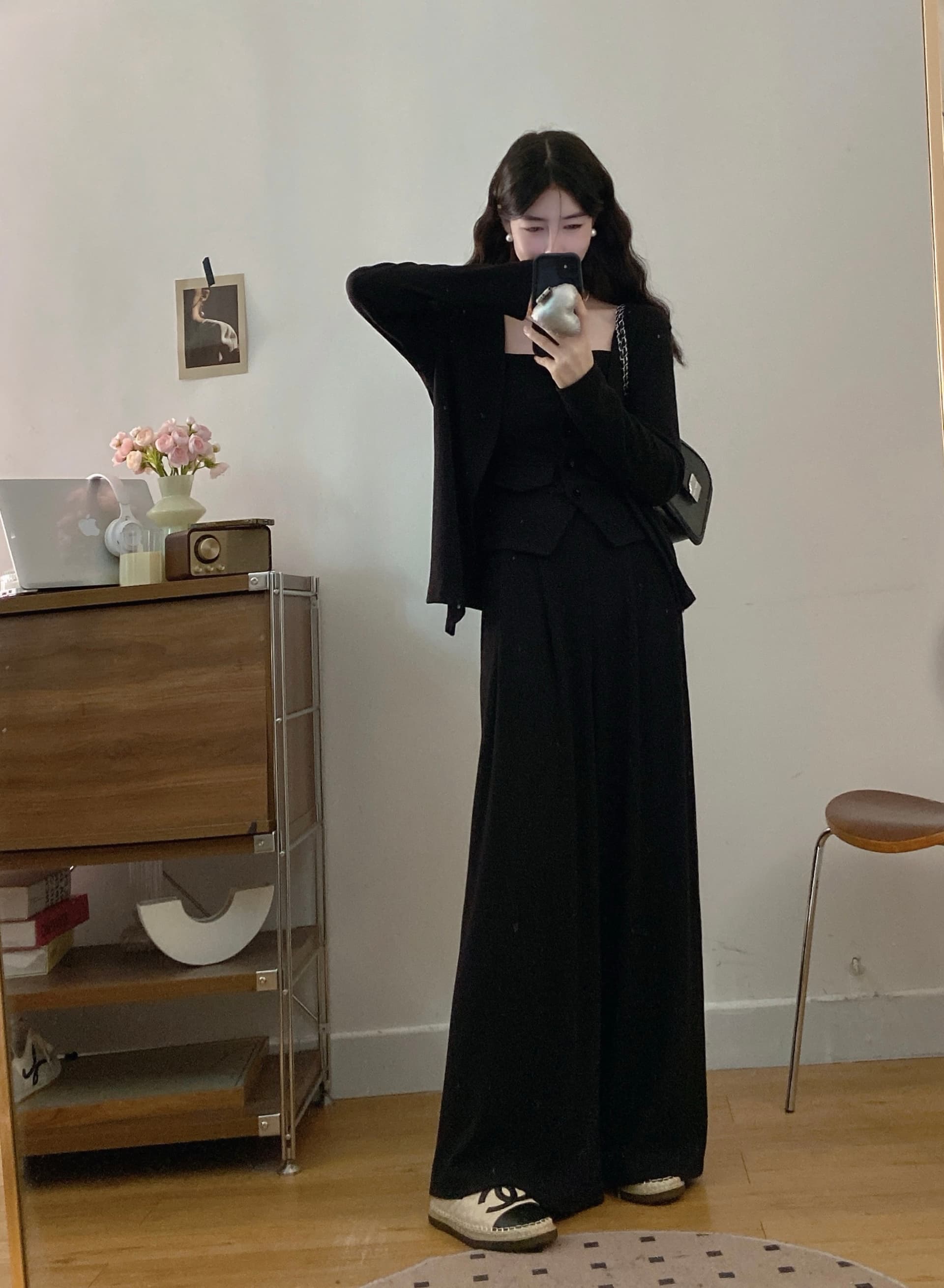 실사 빅 사이즈 여성 의류 지방 mm 새로운 품격 한 부서 캐주얼 오픈 가디건 몸매 가꾸기 튜브탑 슬립 와이드 레그 팬츠 세트 상세 이미지 3