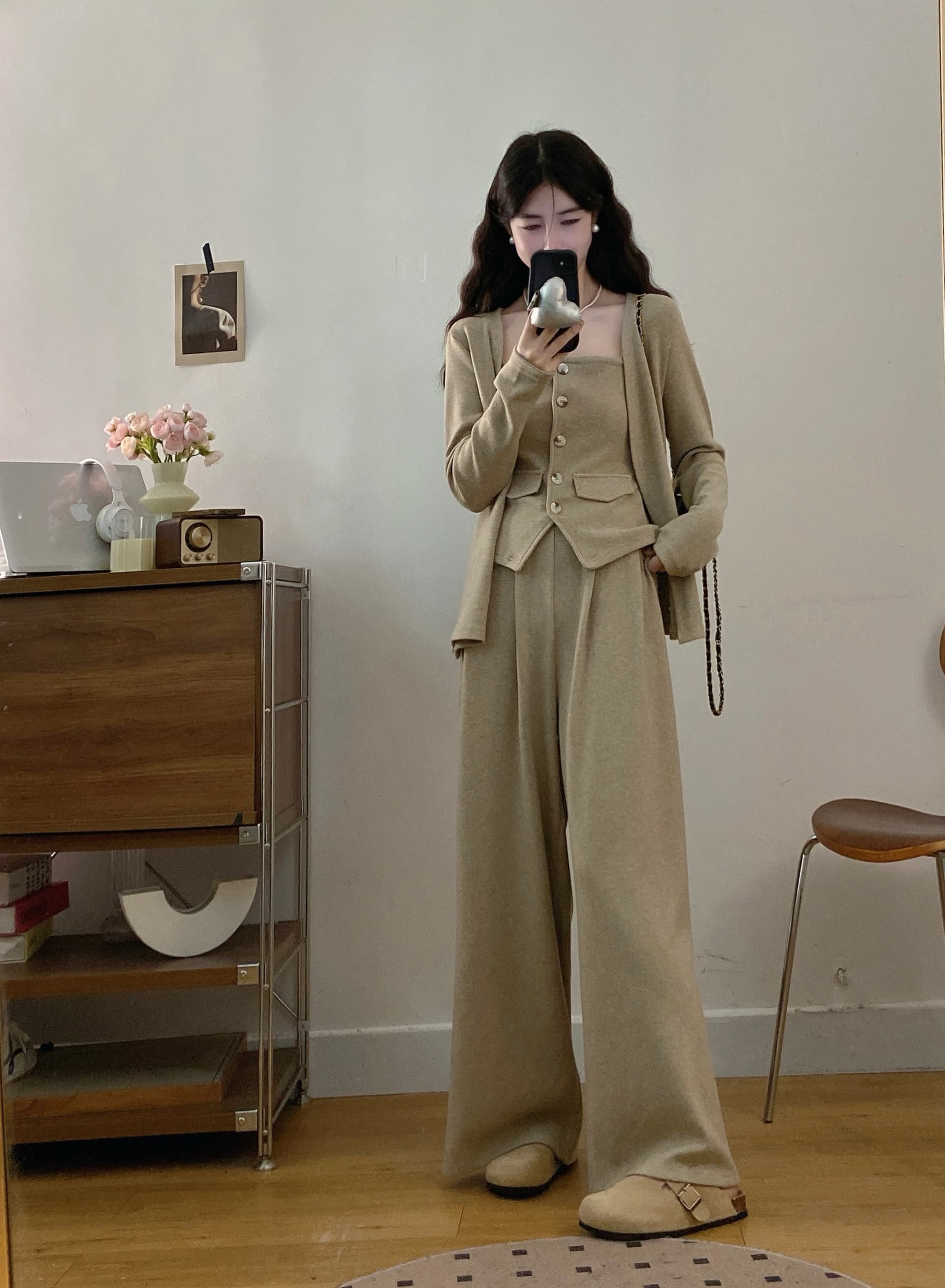 실사 빅 사이즈 여성 의류 지방 mm 새로운 품격 한 부서 캐주얼 오픈 가디건 몸매 가꾸기 튜브탑 슬립 와이드 레그 팬츠 세트 상세 이미지 19