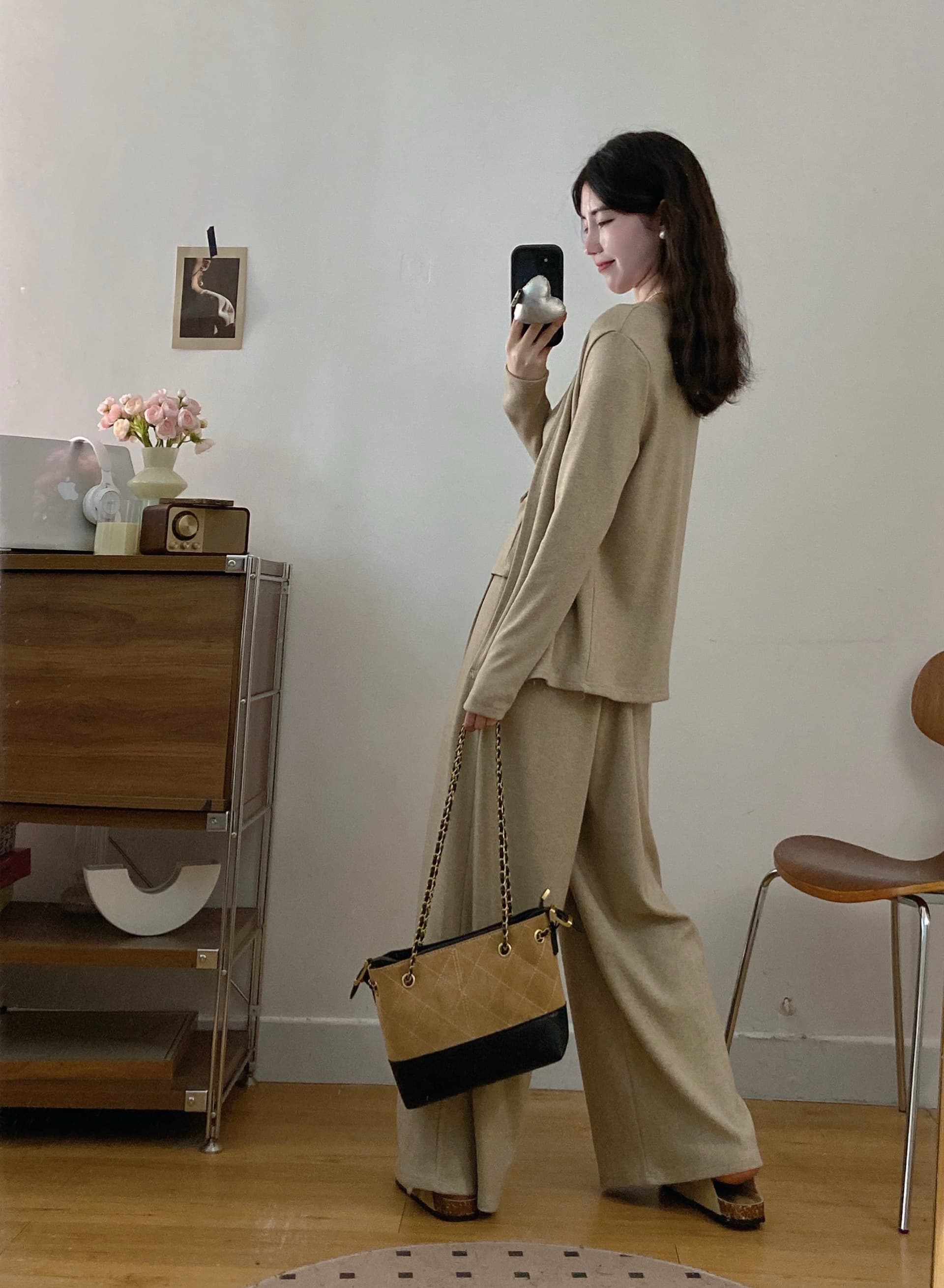 실사 빅 사이즈 여성 의류 지방 mm 새로운 품격 한 부서 캐주얼 오픈 가디건 몸매 가꾸기 튜브탑 슬립 와이드 레그 팬츠 세트 상세 이미지 21