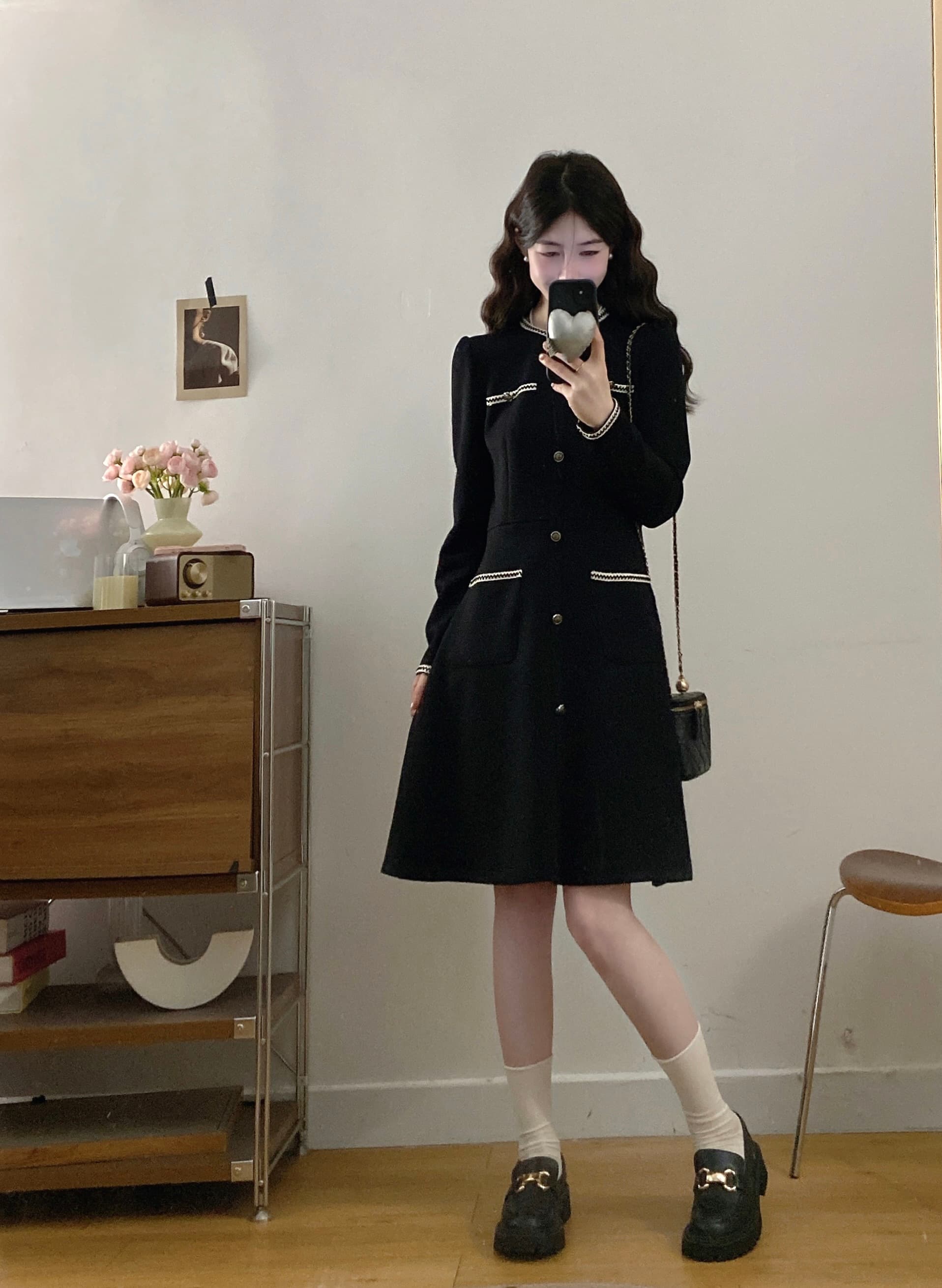 실사 빅 사이즈 여성 의류 지방 mm 새로운 패션 슬림해 보이는 한 부서 단추 드레스 상세 이미지 3