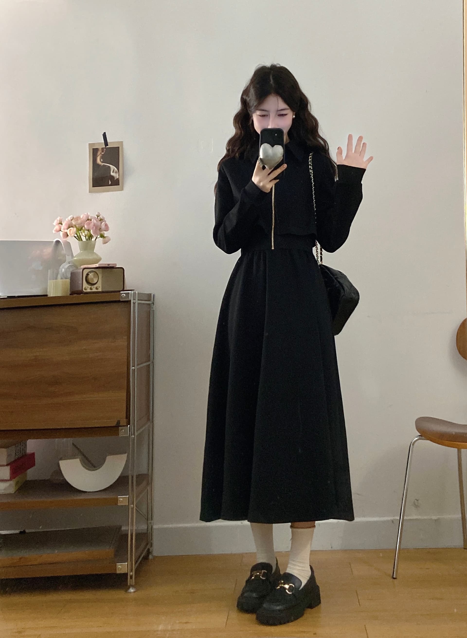 실사 빅 사이즈 여성 의류 지방 mm 새로운 출퇴근 편안함 허리 수축 슬림해 보이는 작은 검은 드레스 상세 이미지 4