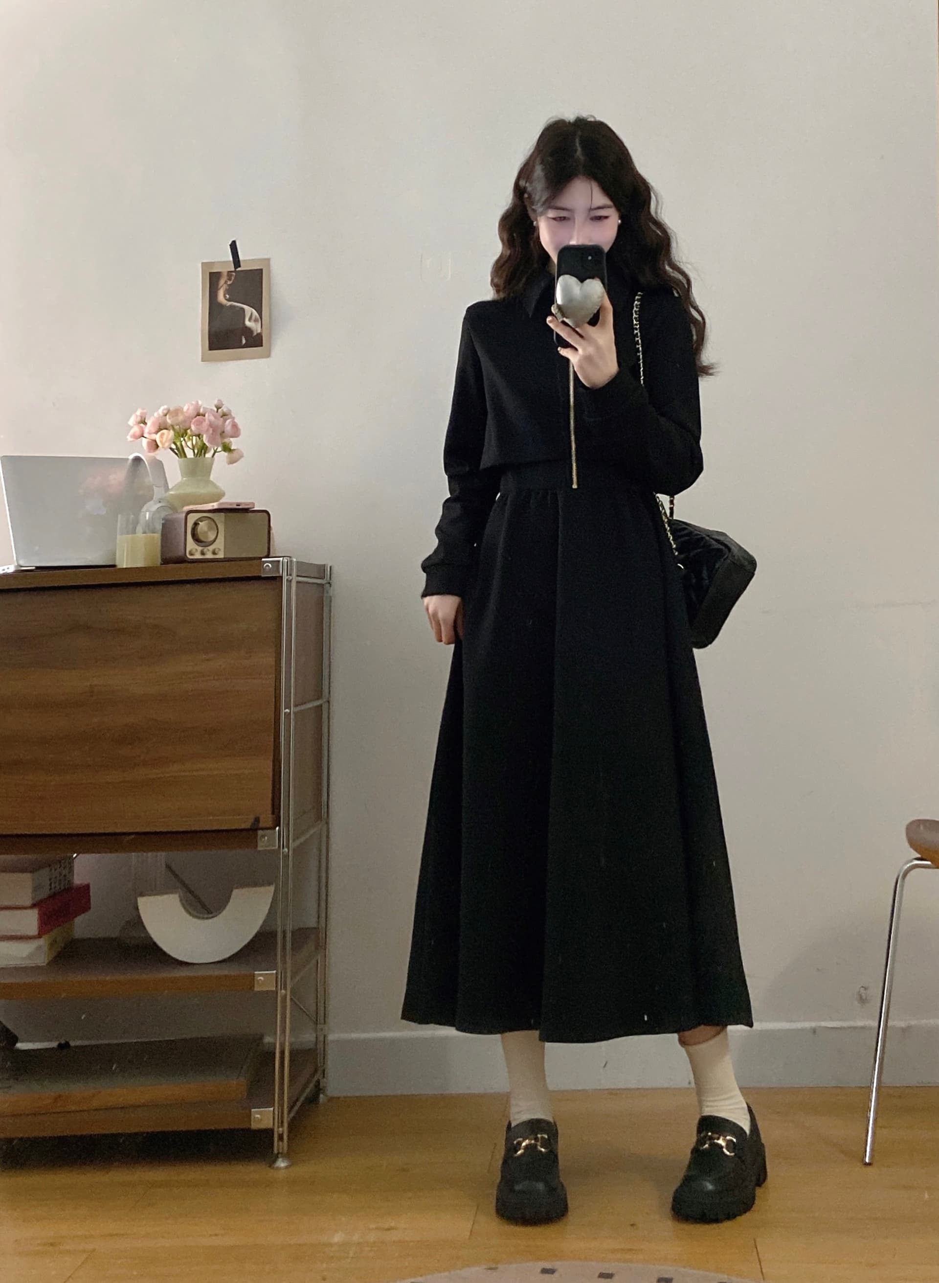 실사 빅 사이즈 여성 의류 지방 mm 새로운 출퇴근 편안함 허리 수축 슬림해 보이는 작은 검은 드레스 상세 이미지 7