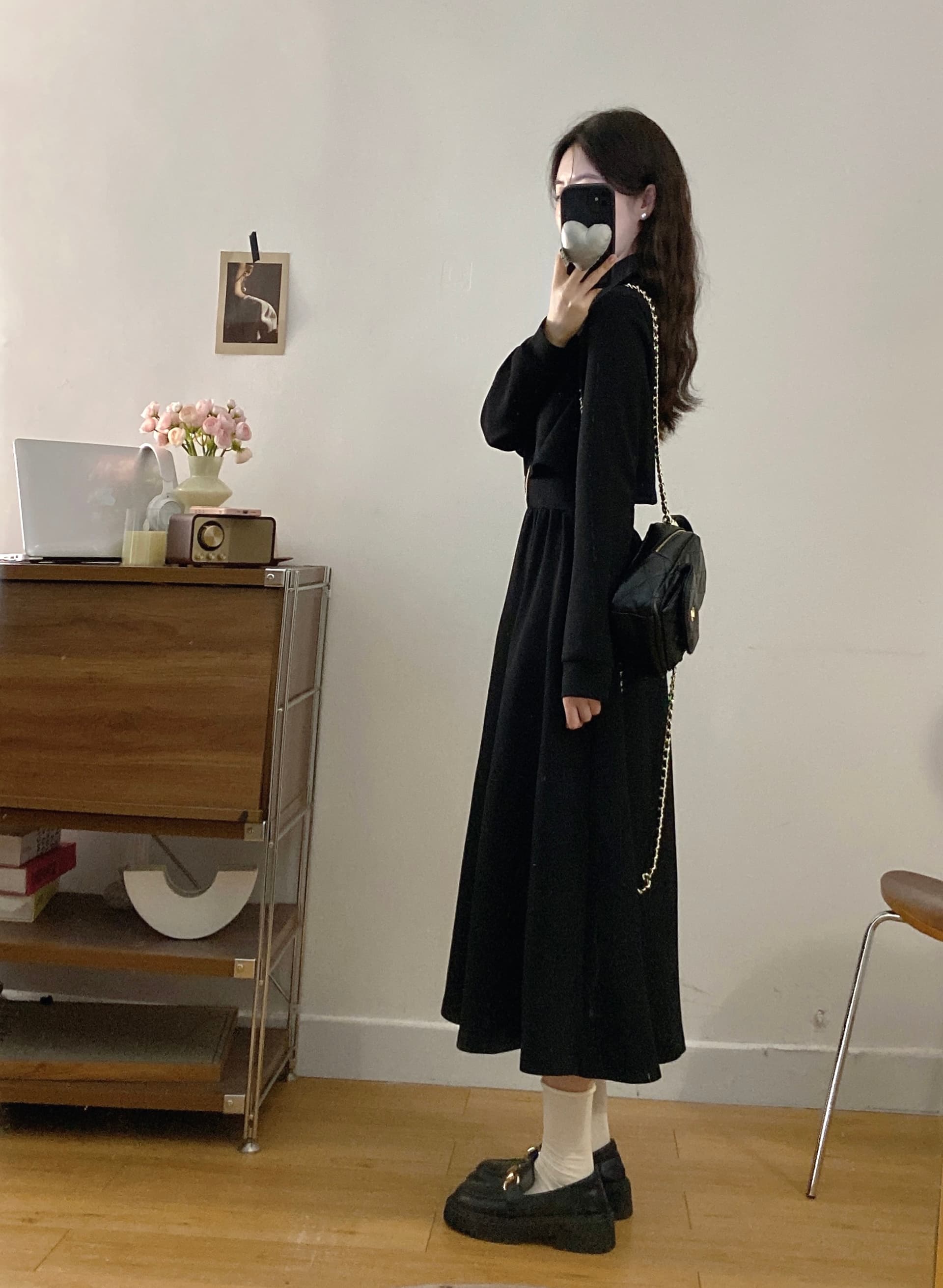 실사 빅 사이즈 여성 의류 지방 mm 새로운 출퇴근 편안함 허리 수축 슬림해 보이는 작은 검은 드레스 상세 이미지 8