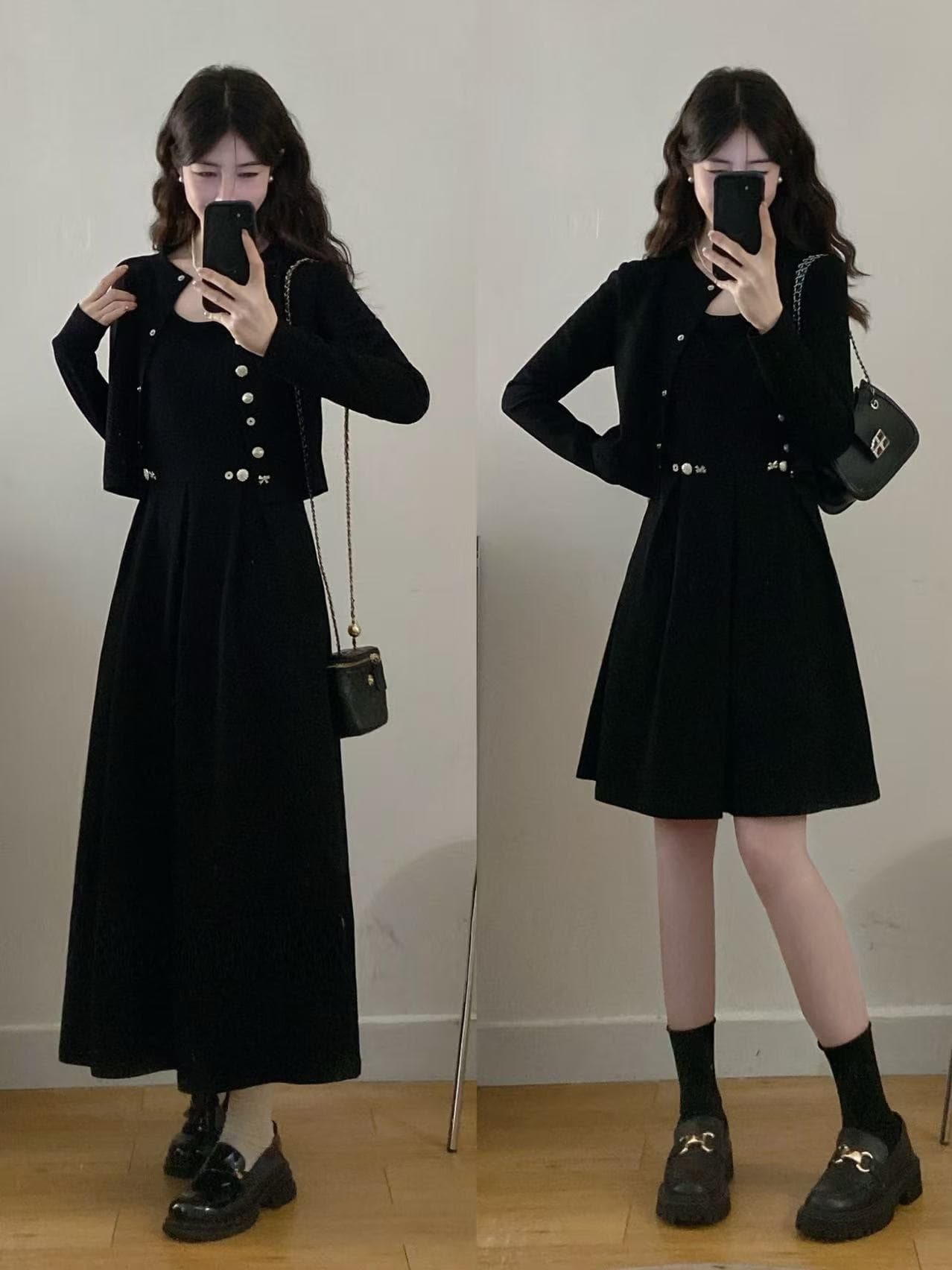 실사 빅 사이즈 여성 의류 지방 mm 새로운 패션 슬림해 보이는 다용도 투피스 세트 작은 검은 드레스
