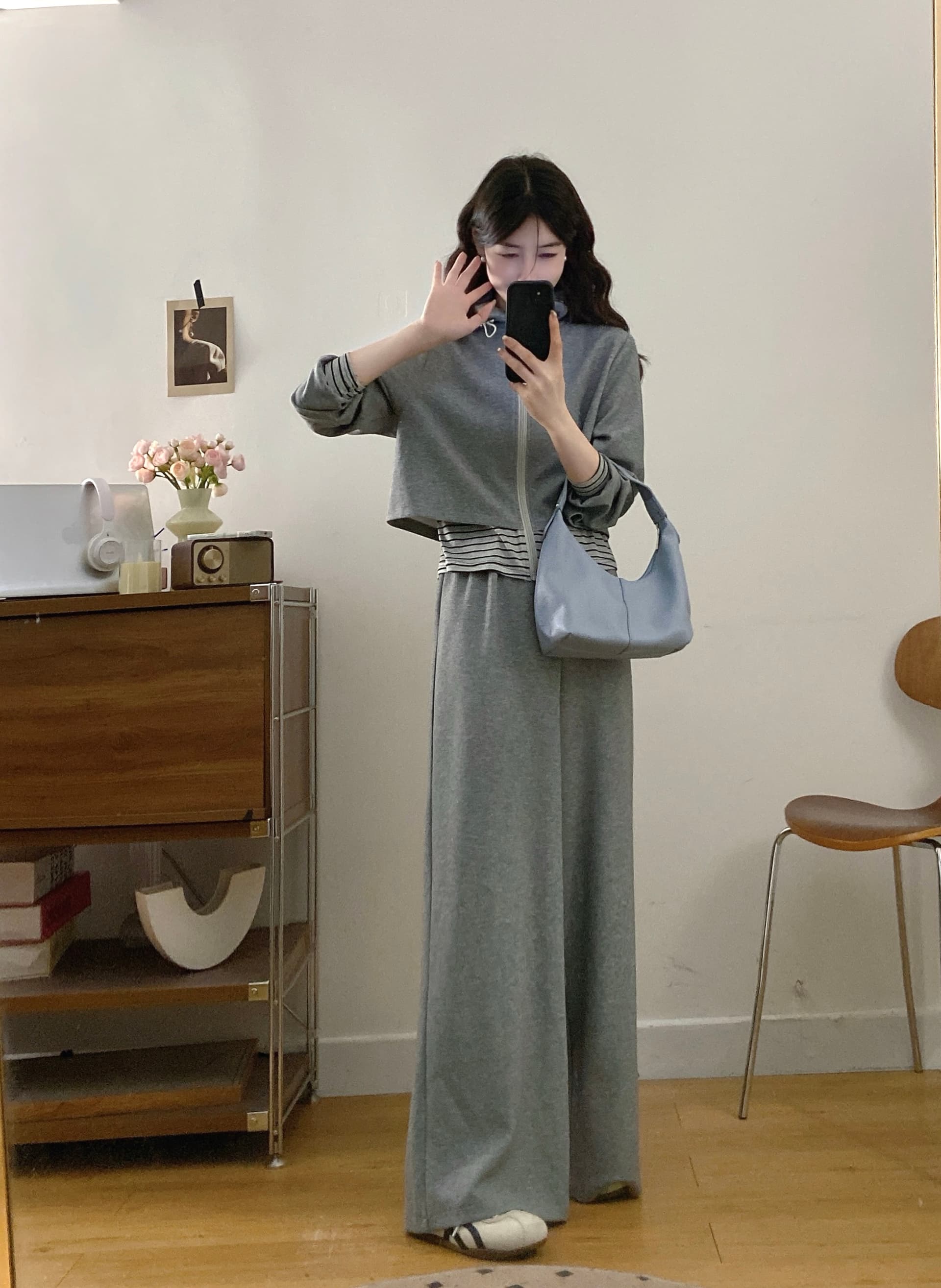 실사 빅 사이즈 여성 의류 한 부서 캐주얼 스트라이프 패치워크 페이크 레이어드 맨위 루즈핏 와이드 레그 팬츠 투피스 세트 상세 이미지 2