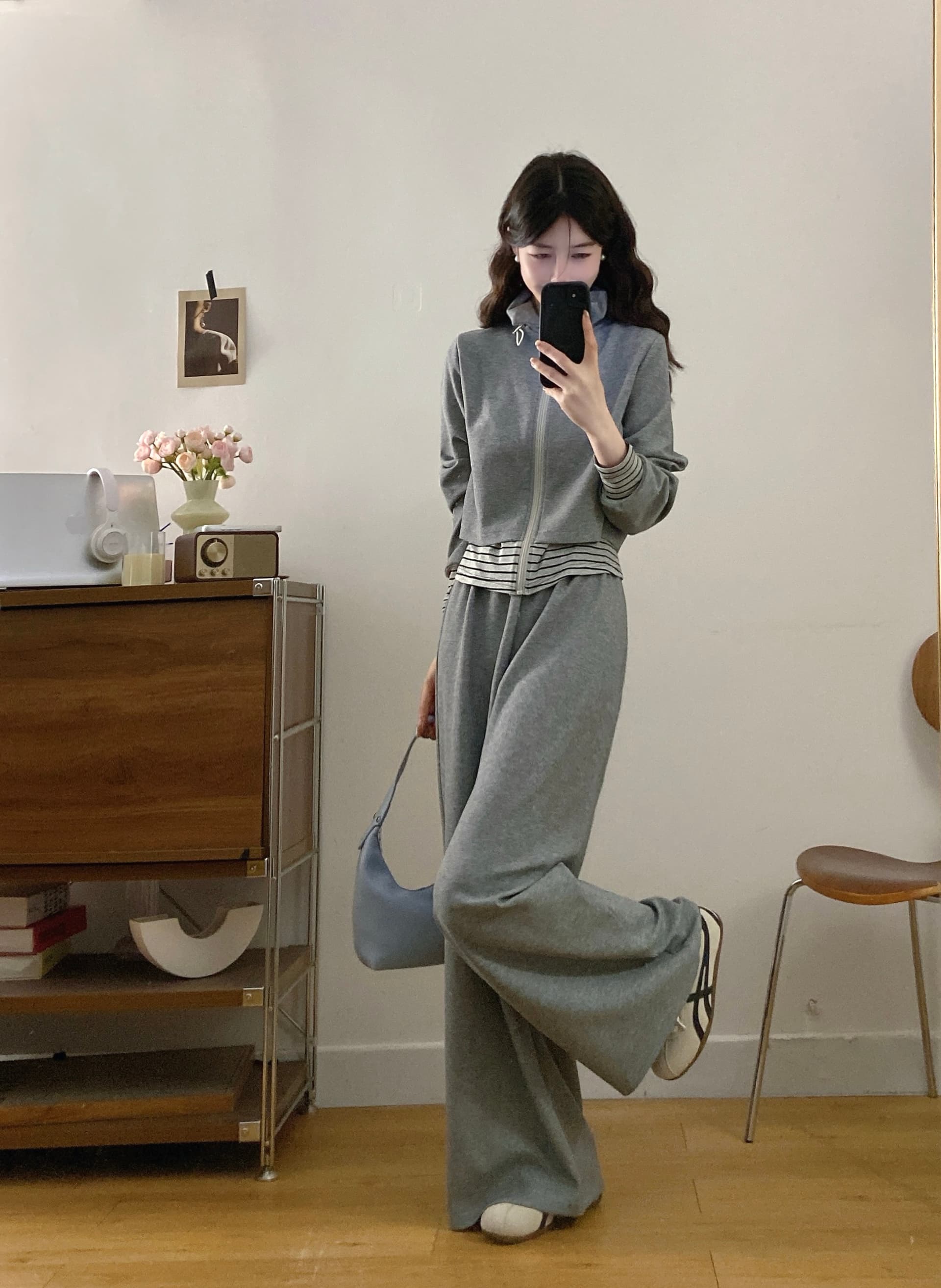 실사 빅 사이즈 여성 의류 한 부서 캐주얼 스트라이프 패치워크 페이크 레이어드 맨위 루즈핏 와이드 레그 팬츠 투피스 세트 상세 이미지 6
