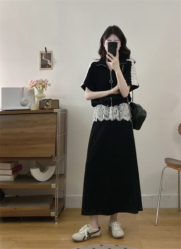 실사 빅 사이즈 여성 의류 패션 품격 캐주얼 레이스 조각 재킷 랩스커트팬츠 레이스 반신 치마 세트 이미지 3