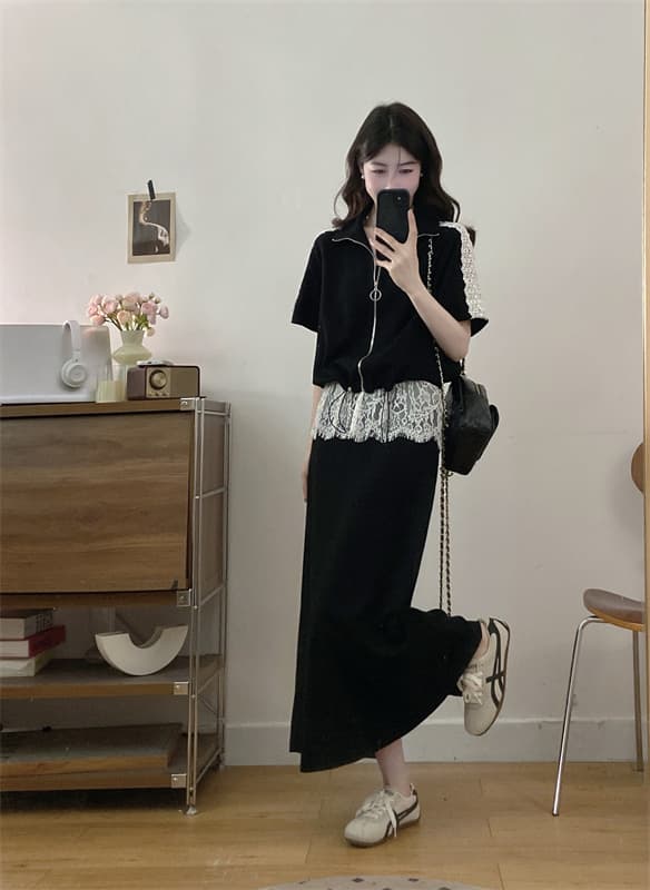 실사 빅 사이즈 여성 의류 패션 품격 캐주얼 레이스 조각 재킷 랩스커트팬츠 레이스 반신 치마 세트 상세 이미지 7