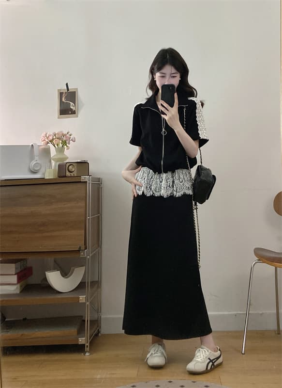 실사 빅 사이즈 여성 의류 패션 품격 캐주얼 레이스 조각 재킷 랩스커트팬츠 레이스 반신 치마 세트 상세 이미지 12