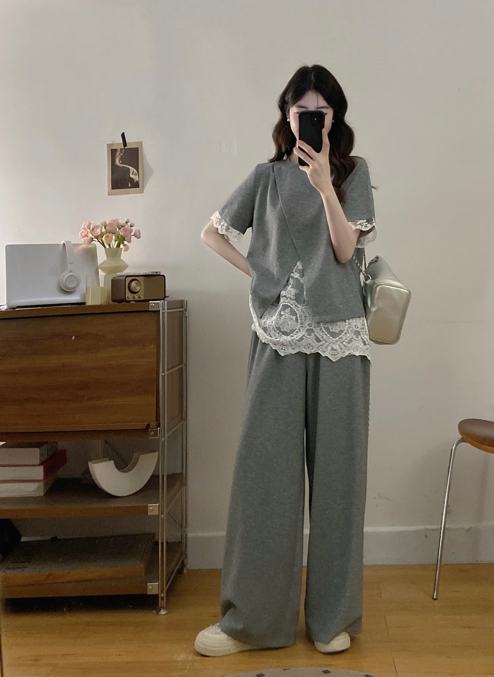 실사 빅 사이즈 여성 의류 패션 캐주얼 미니멀리즘 레이스 페이크 레이어드 맨위 와이드 레그 팬츠 투피스 세트 상세 이미지 1