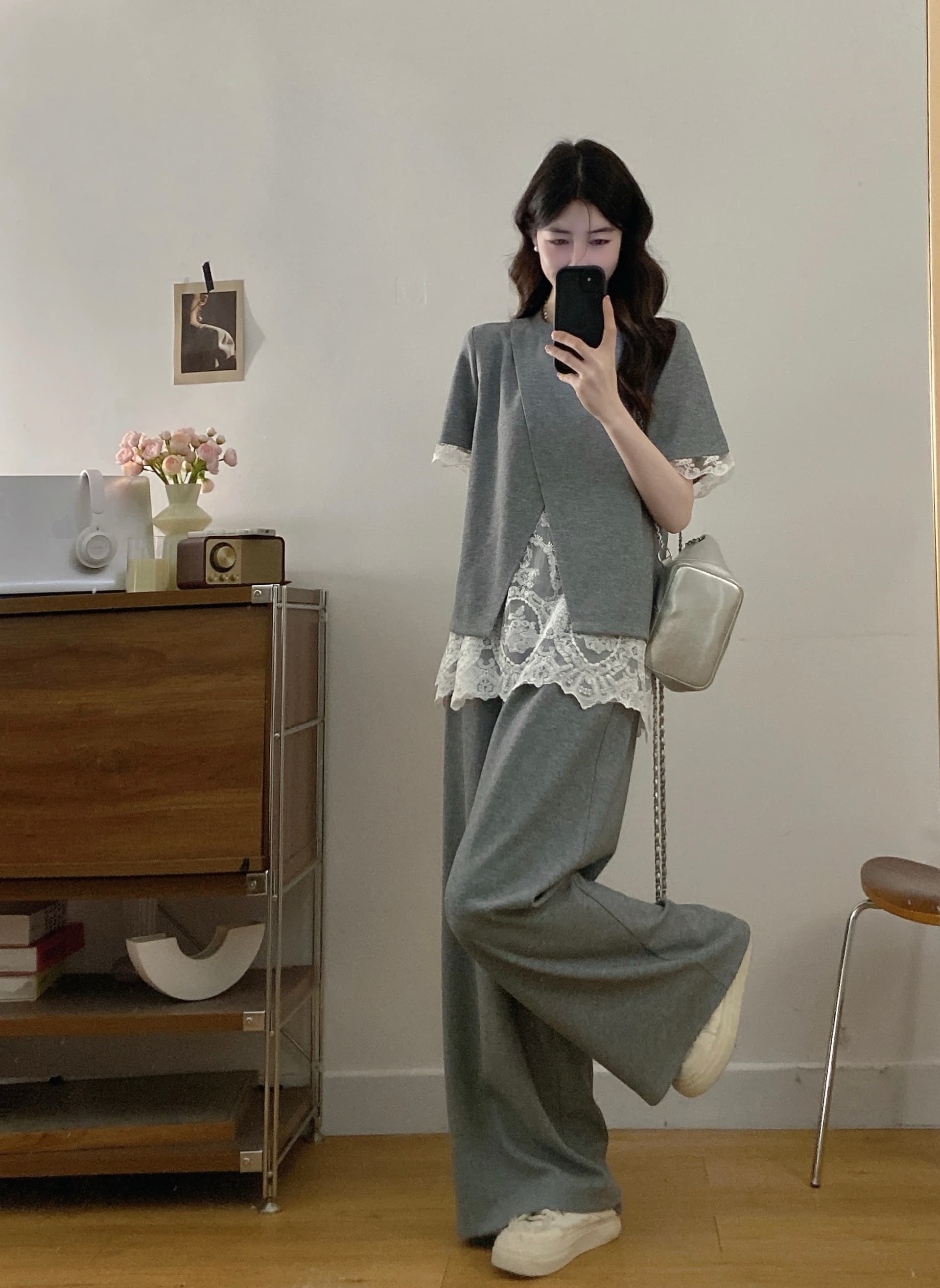 실사 빅 사이즈 여성 의류 패션 캐주얼 미니멀리즘 레이스 페이크 레이어드 맨위 와이드 레그 팬츠 투피스 세트 상세 이미지 5