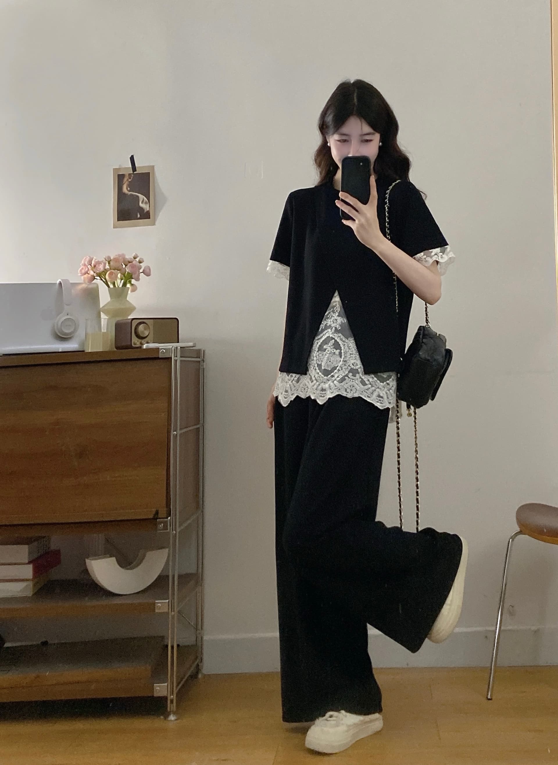 실사 빅 사이즈 여성 의류 패션 캐주얼 미니멀리즘 레이스 페이크 레이어드 맨위 와이드 레그 팬츠 투피스 세트 상세 이미지 12