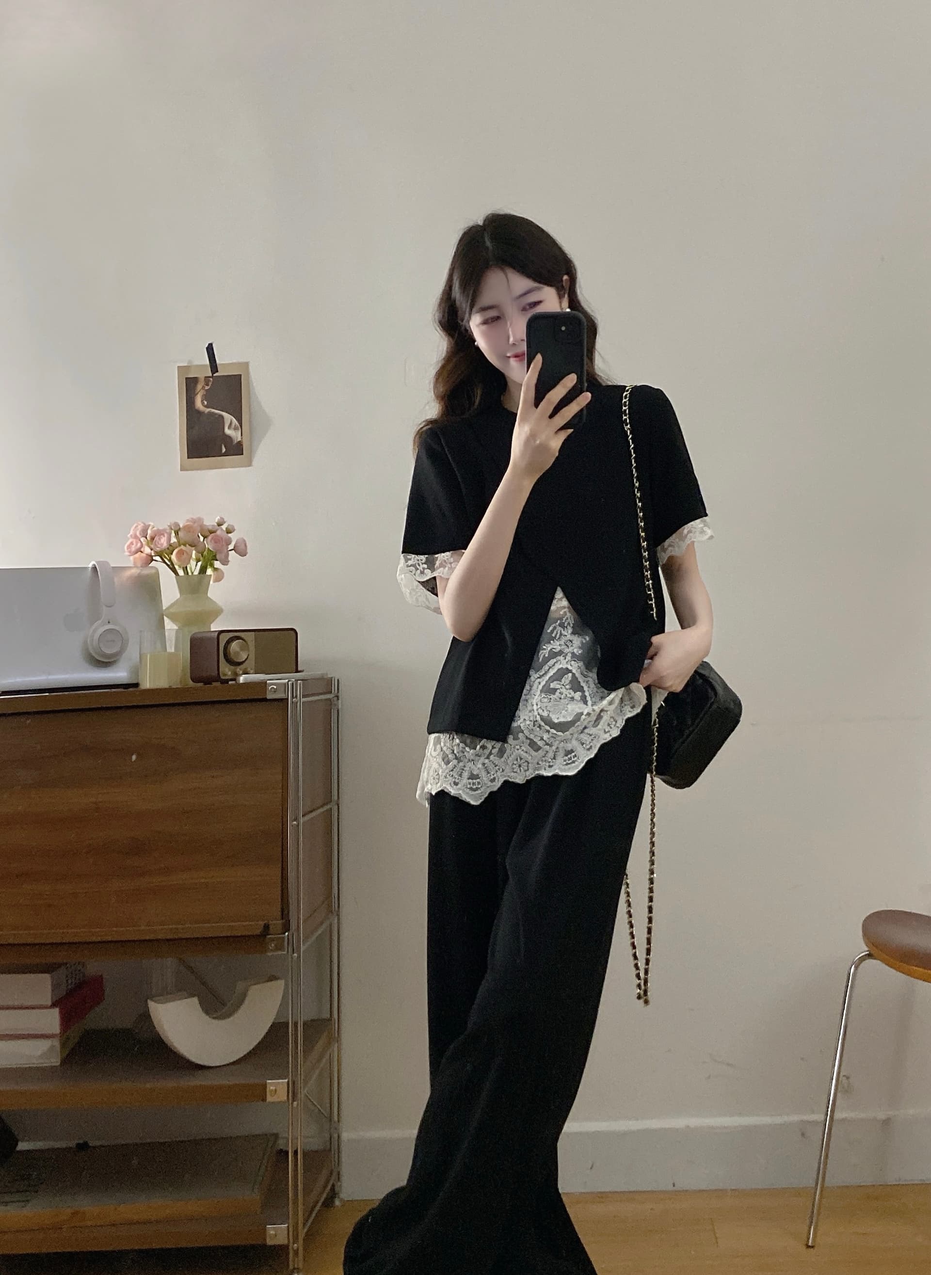 실사 빅 사이즈 여성 의류 패션 캐주얼 미니멀리즘 레이스 페이크 레이어드 맨위 와이드 레그 팬츠 투피스 세트 상세 이미지 14