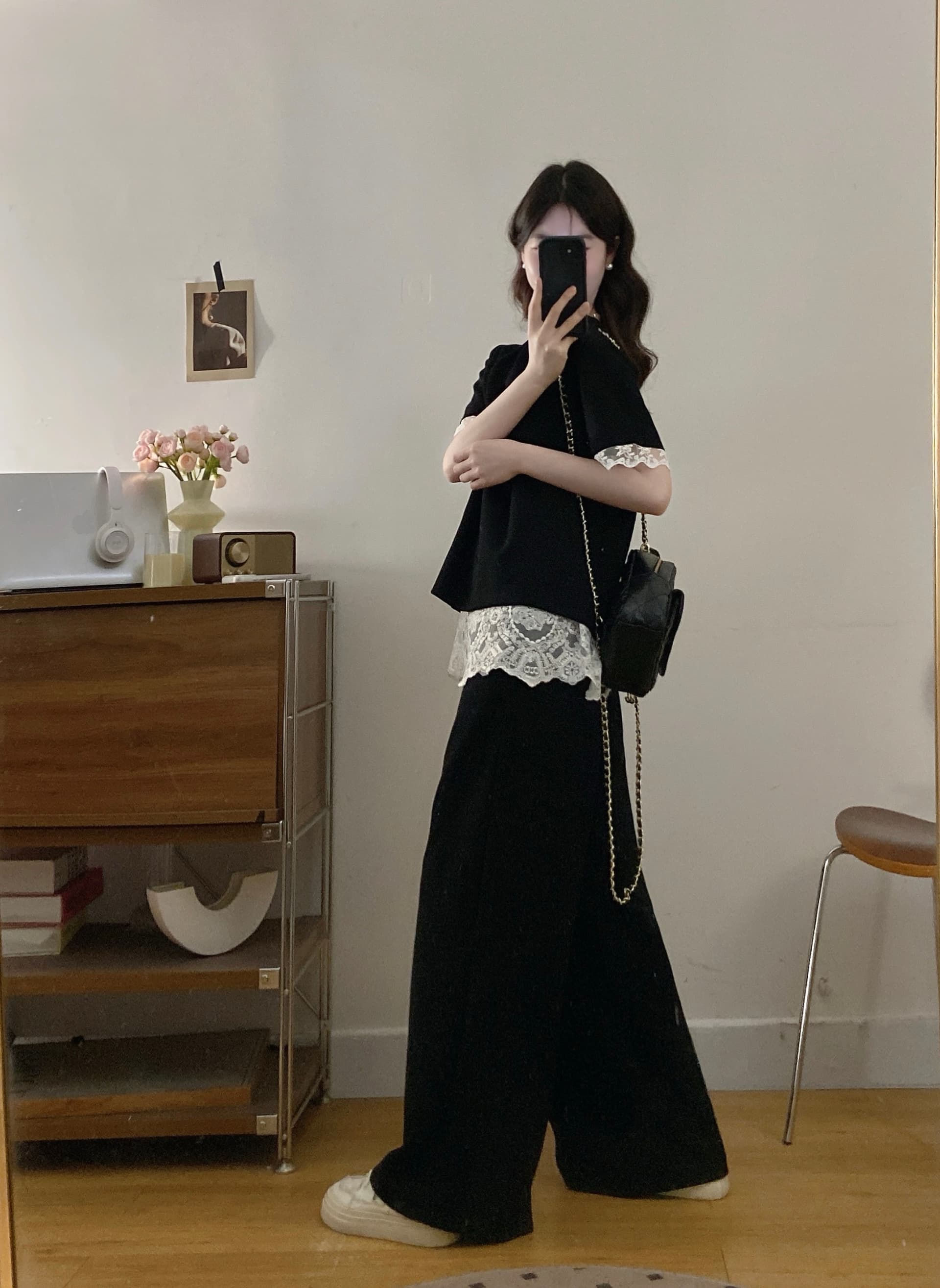 실사 빅 사이즈 여성 의류 패션 캐주얼 미니멀리즘 레이스 페이크 레이어드 맨위 와이드 레그 팬츠 투피스 세트 상세 이미지 16