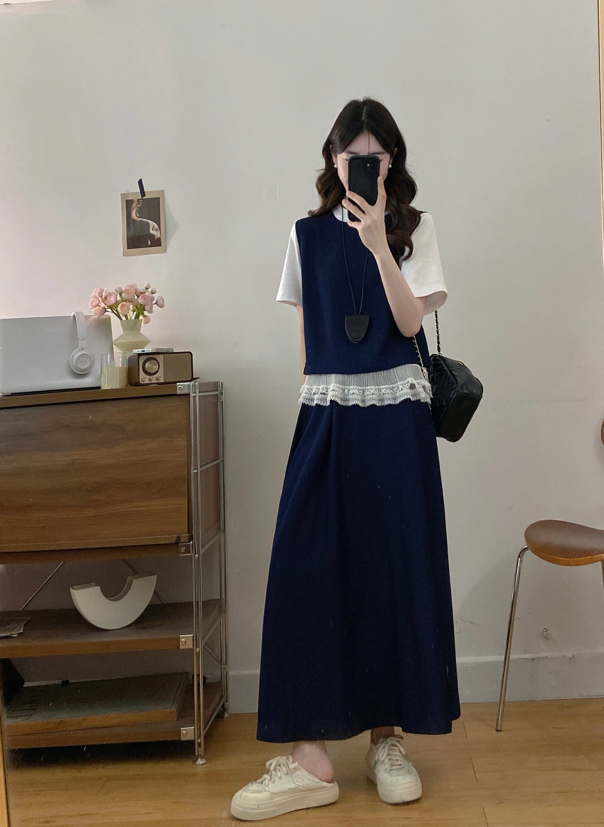 실사 빅 사이즈 여성 의류 품격 패션 다용도 미니멀리즘 반팔 밑단 레이스 베스트 반신 스커트 3종 세트 상세 이미지 3