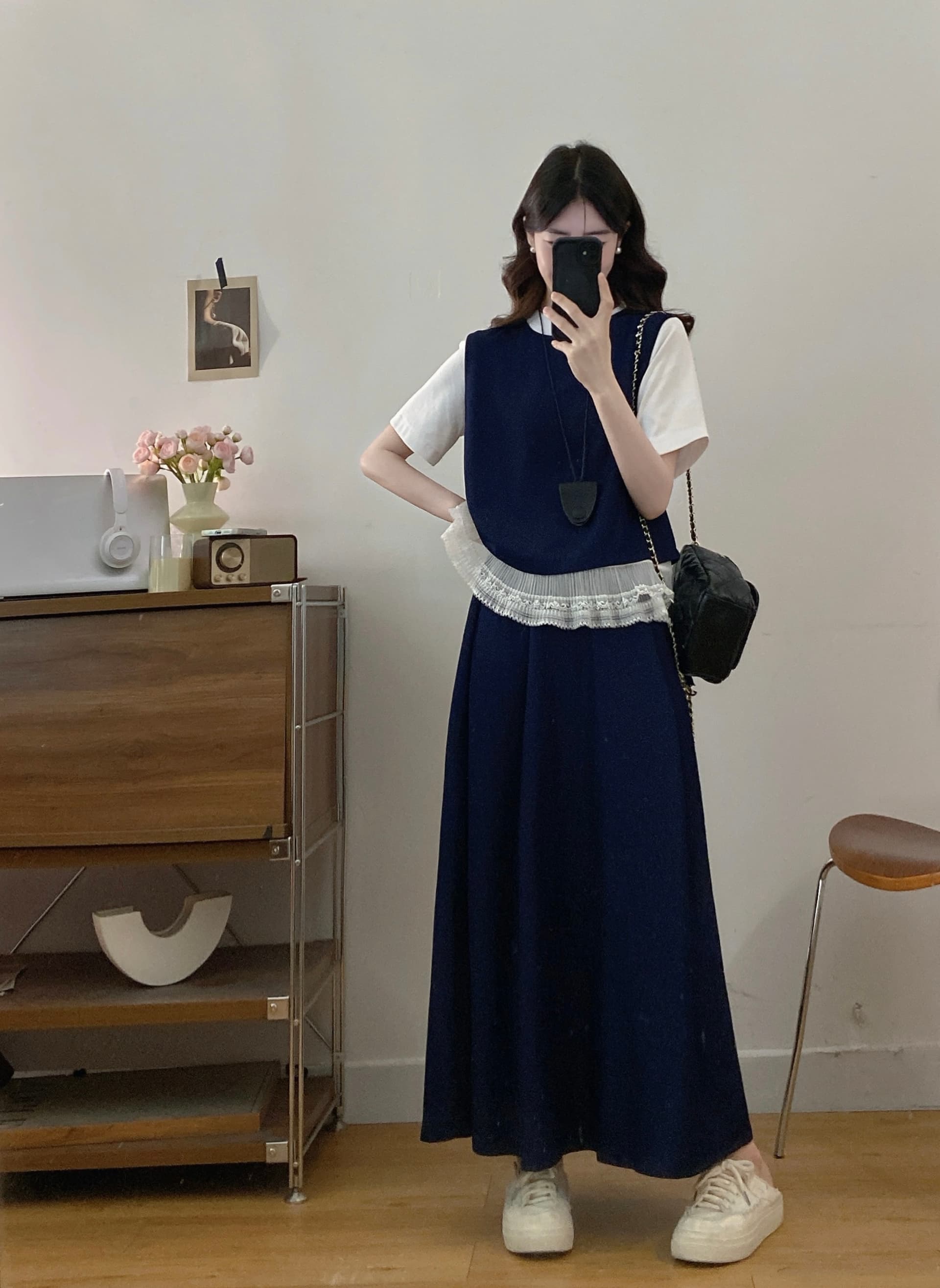 실사 빅 사이즈 여성 의류 품격 패션 다용도 미니멀리즘 반팔 밑단 레이스 베스트 반신 스커트 3종 세트 상세 이미지 8