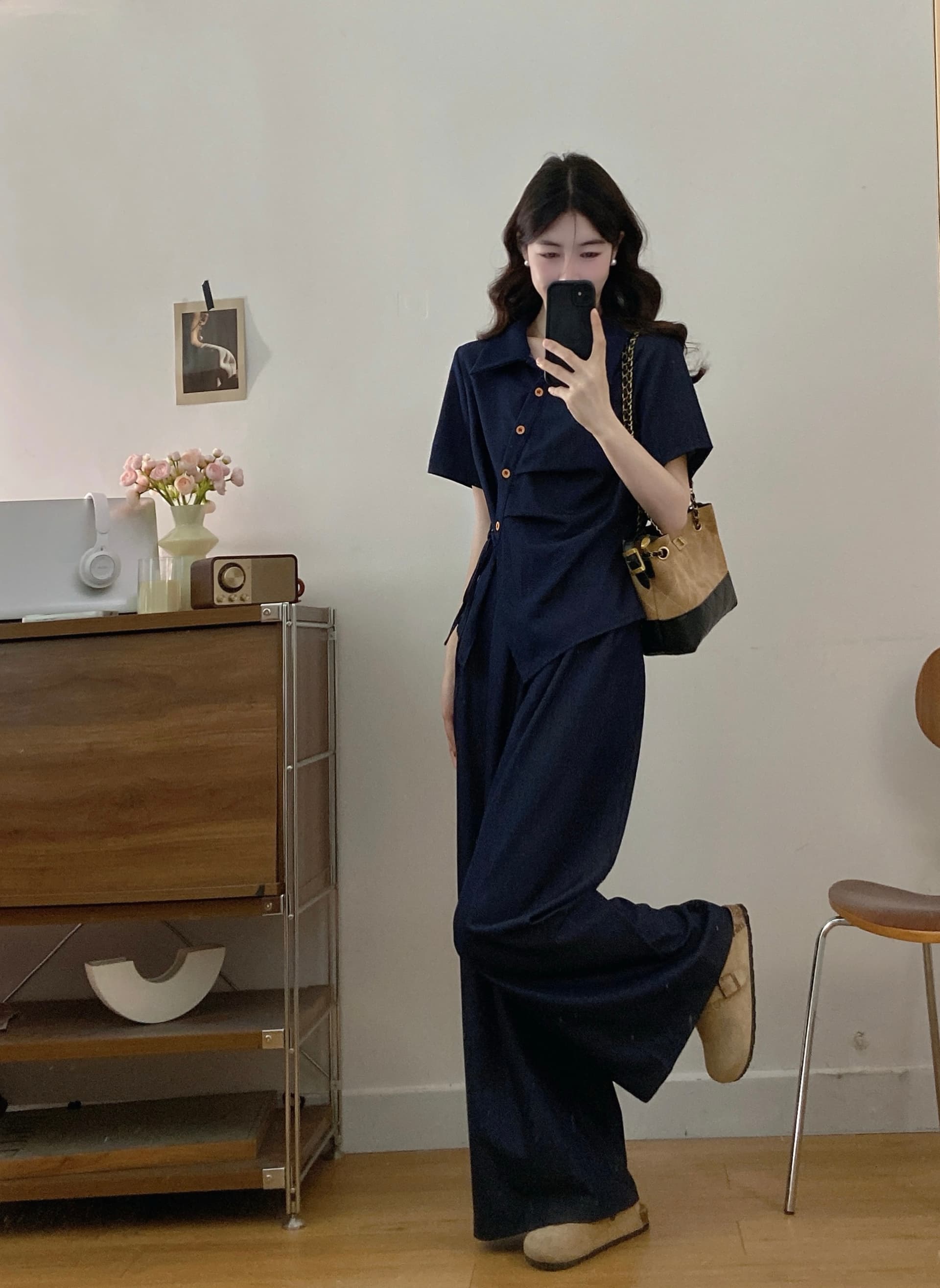 실사 빅 사이즈 여성 의류 품격 패션 캐주얼 출퇴근 다용도 스트랩 맨위 와이드 레그 팬츠 슬림해 보이는 투피스 세트 이미지 3