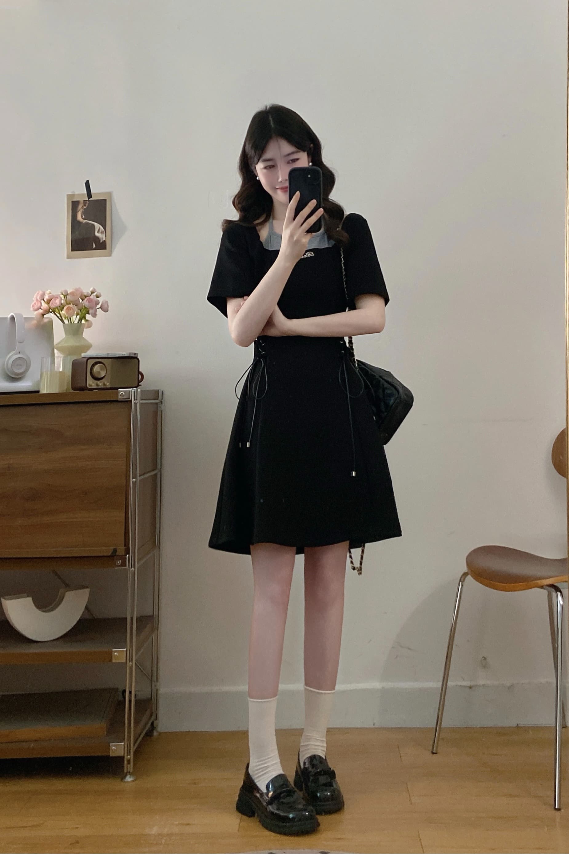 실사 빅 사이즈 여성 의류 패션 우아함 허리 수축 디자인 센스 스트랩 작은 검은 드레스 품격 드레스 이미지 5