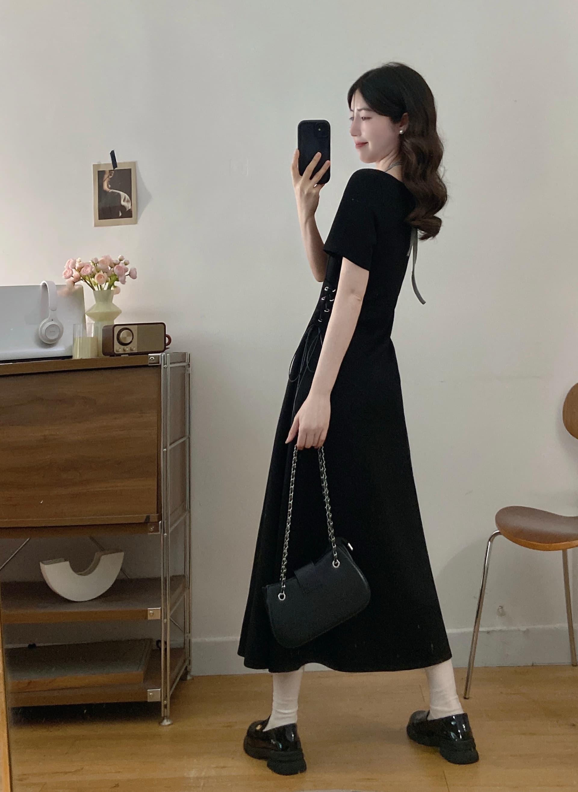 실사 빅 사이즈 여성 의류 패션 우아함 허리 수축 디자인 센스 스트랩 작은 검은 드레스 품격 드레스 상세 이미지 6