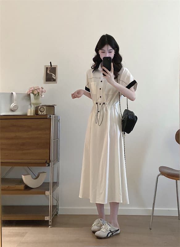 실사 빅 사이즈 여성 의류 품격 폴로 칼라 배색 다용도 패션 중간 길이 드레스 편안함 허리 수축 치마 상세 이미지 6