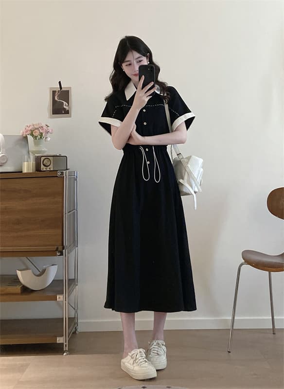 실사 빅 사이즈 여성 의류 품격 폴로 칼라 배색 다용도 패션 중간 길이 드레스 편안함 허리 수축 치마 상세 이미지 19
