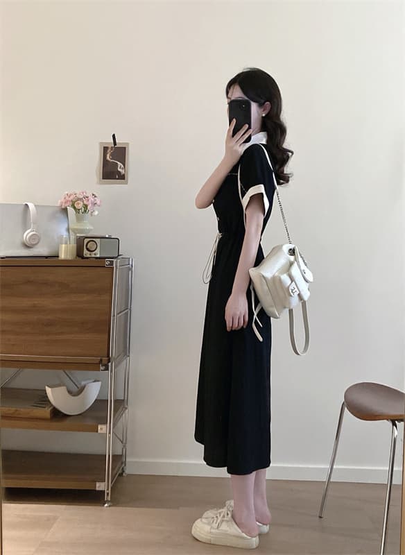 실사 빅 사이즈 여성 의류 품격 폴로 칼라 배색 다용도 패션 중간 길이 드레스 편안함 허리 수축 치마 상세 이미지 24