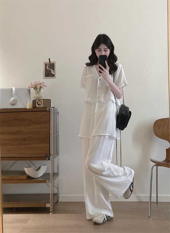 실사 빅 사이즈 여성 의류 패션 품격 새로운 다용도 패치워크 맨위 와이드 레그 팬츠 외국 가스 세트 상세 이미지 2