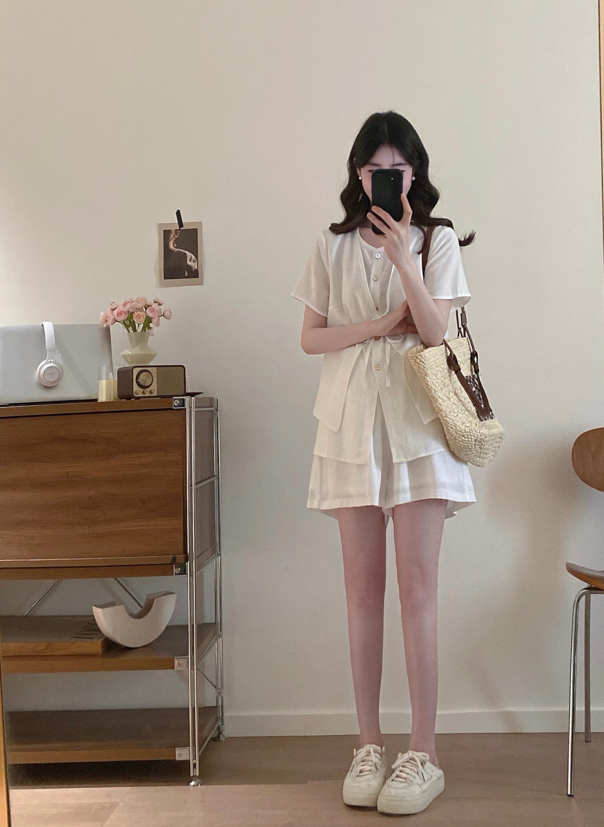 실사 빅 사이즈 여성 의류 패션 품격 다용도 새로운 오래된 돈 바람 패치워크 맨위 반바지 투피스 세트 상세 이미지 7