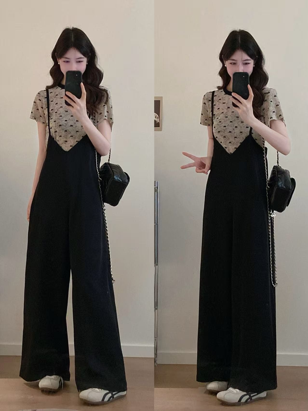 실사 빅 사이즈 여성 의류 패션 새로운 품격 표지 고기 슬림해 보이는 프린트 티셔츠 플러스 멜빵 바지 투피스 세트
