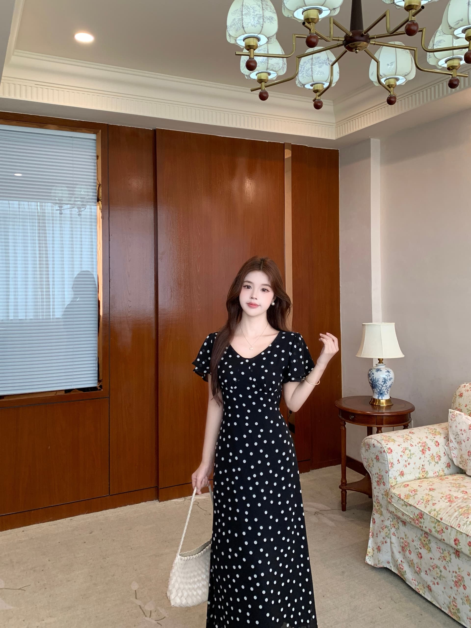 실사 빅 사이즈 여성 의류 패션 품격 새로운 V넥 프랑스식 몸매 가꾸기 도트 무늬 드레스 상세 이미지 12