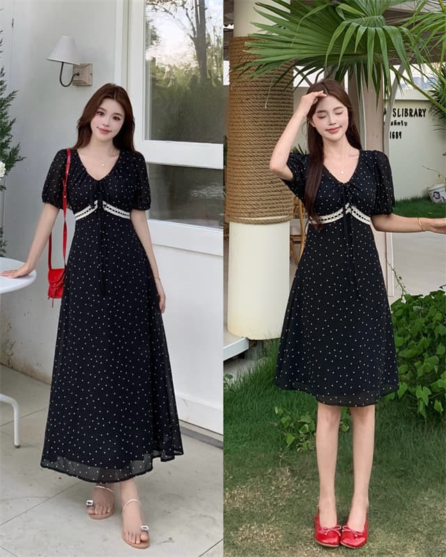 실사 빅 사이즈 여성 의류 새로운 지방 mm 품격 허리 수축 쉬폰 도트 무늬 작은 검은 드레스