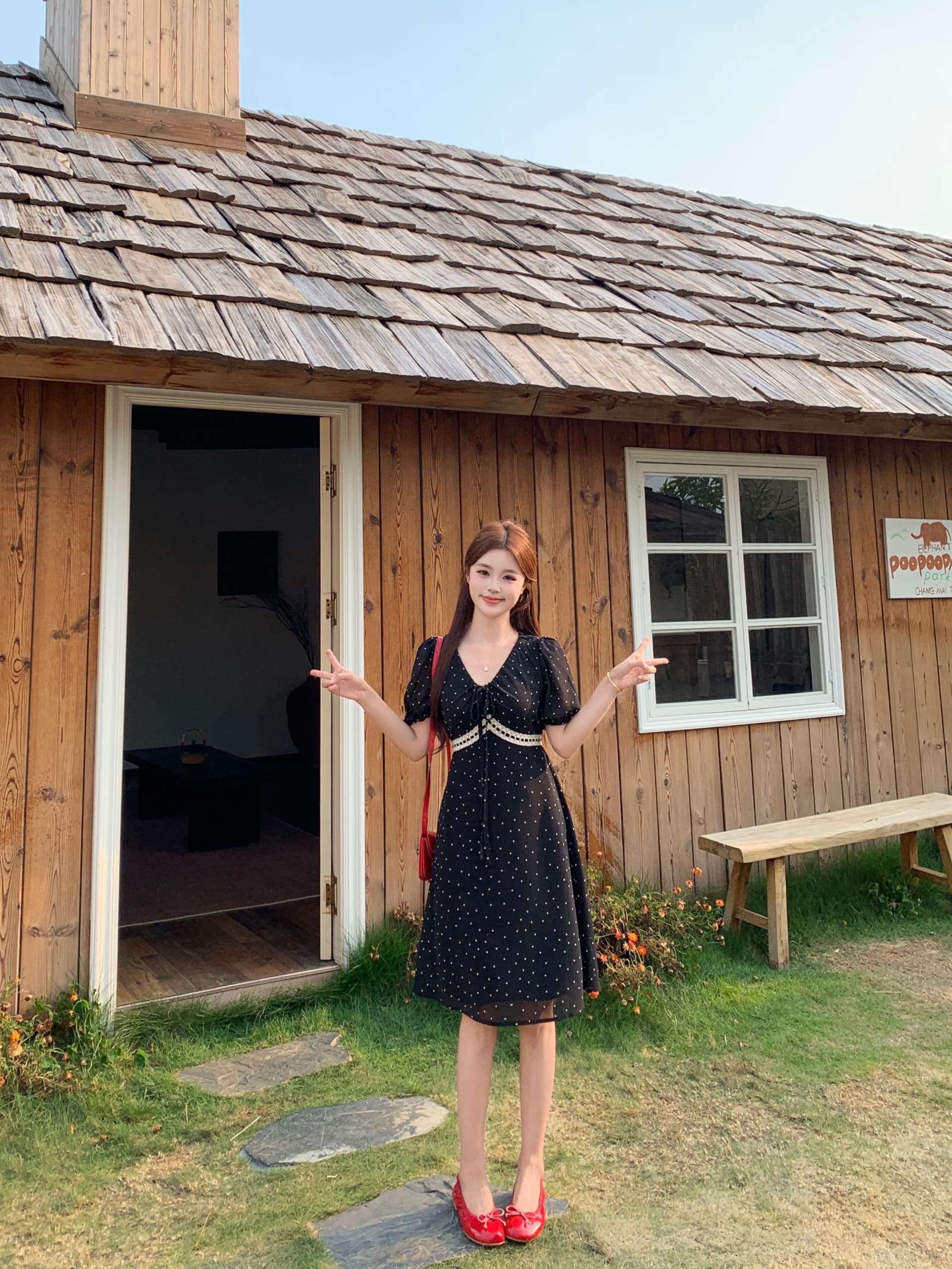 실사 빅 사이즈 여성 의류 새로운 지방 mm 품격 허리 수축 쉬폰 도트 무늬 작은 검은 드레스 상세 이미지 21