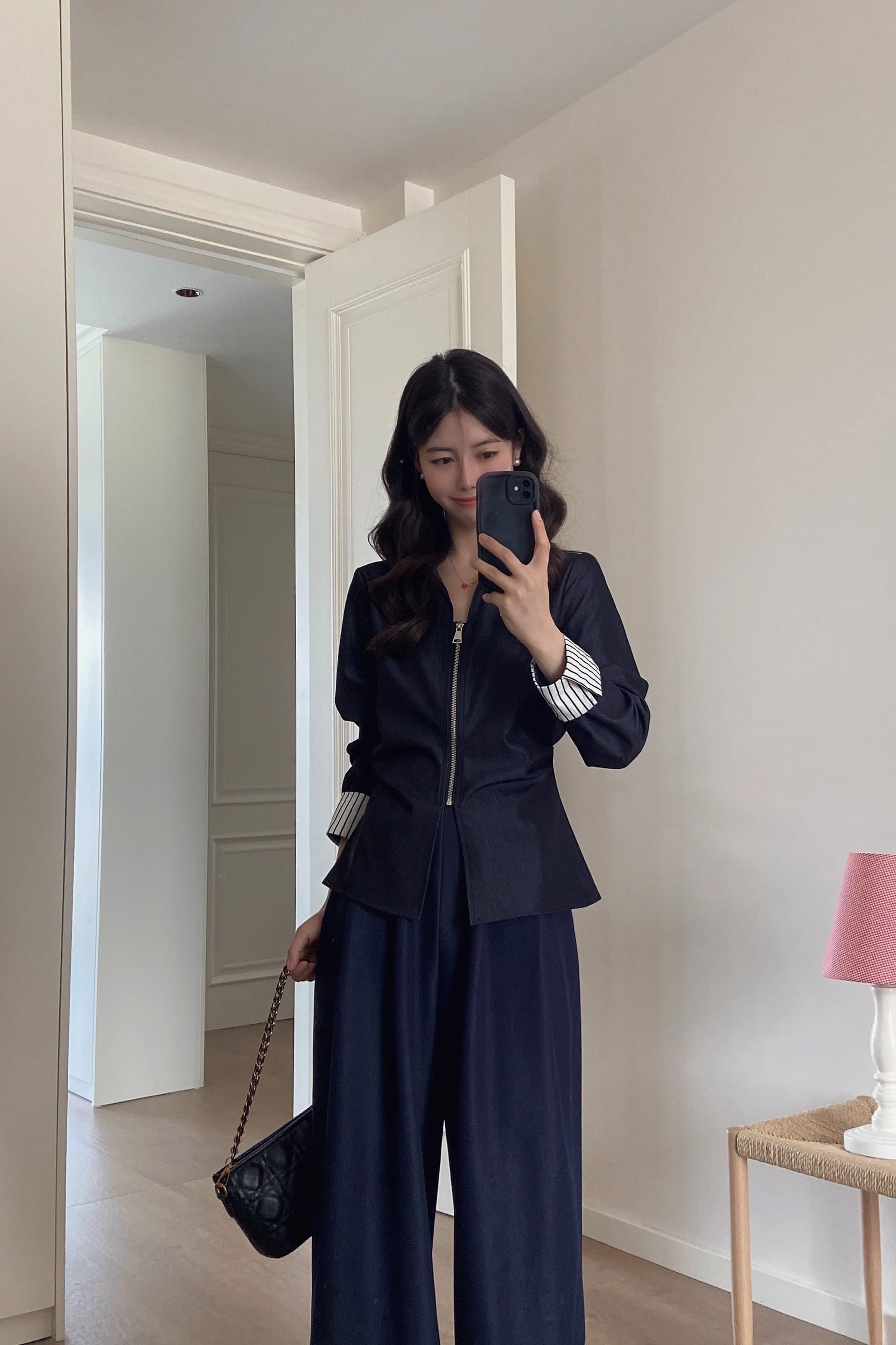 실사 빅 사이즈 여성 의류 패션 품격 다용도 새로운 레트로 캐주얼 지퍼 셔츠 와이드 레그 팬츠 투피스 세트 이미지 5