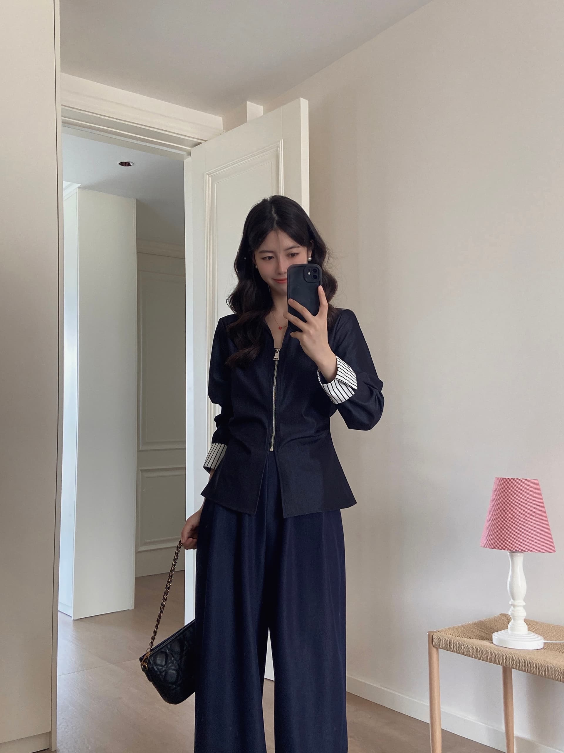 실사 빅 사이즈 여성 의류 패션 품격 다용도 새로운 레트로 캐주얼 지퍼 셔츠 와이드 레그 팬츠 투피스 세트 상세 이미지 7