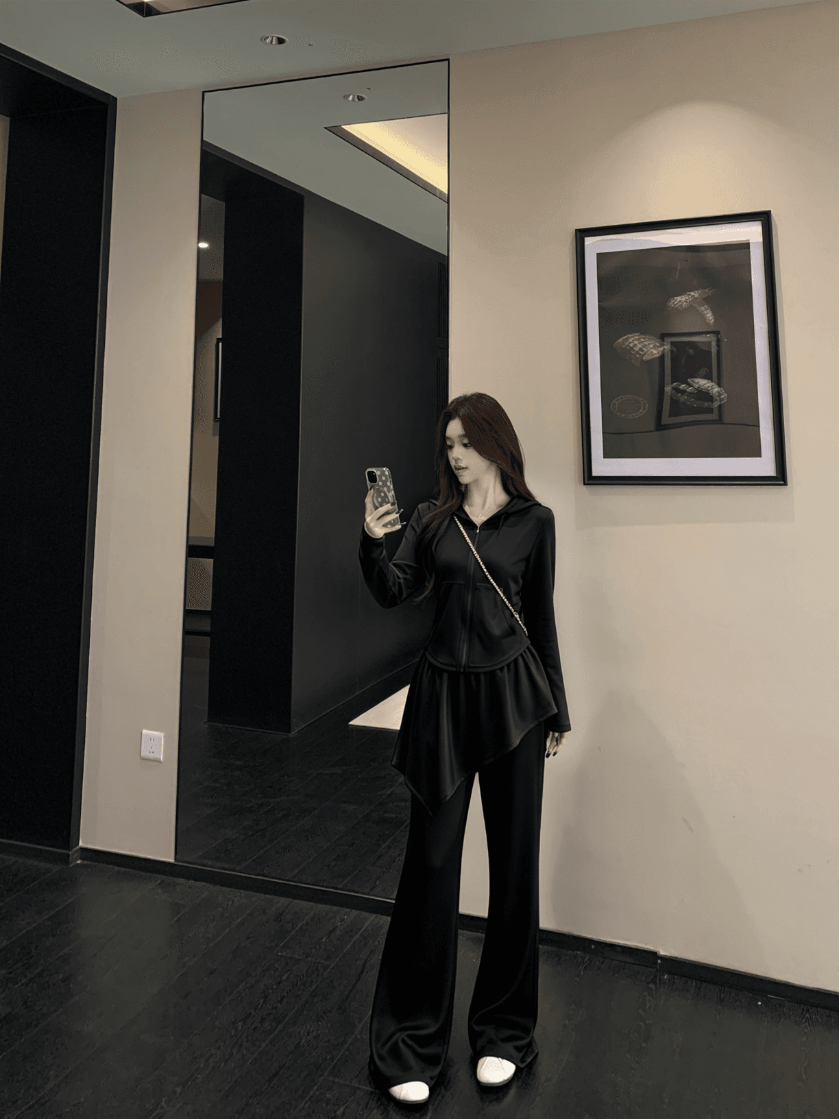 실사 빅 사이즈 여성 의류 패션 품격 다용도 후드 지퍼 재킷 방귀 커튼 부츠컷 바지 투피스 세트 상세 이미지 1