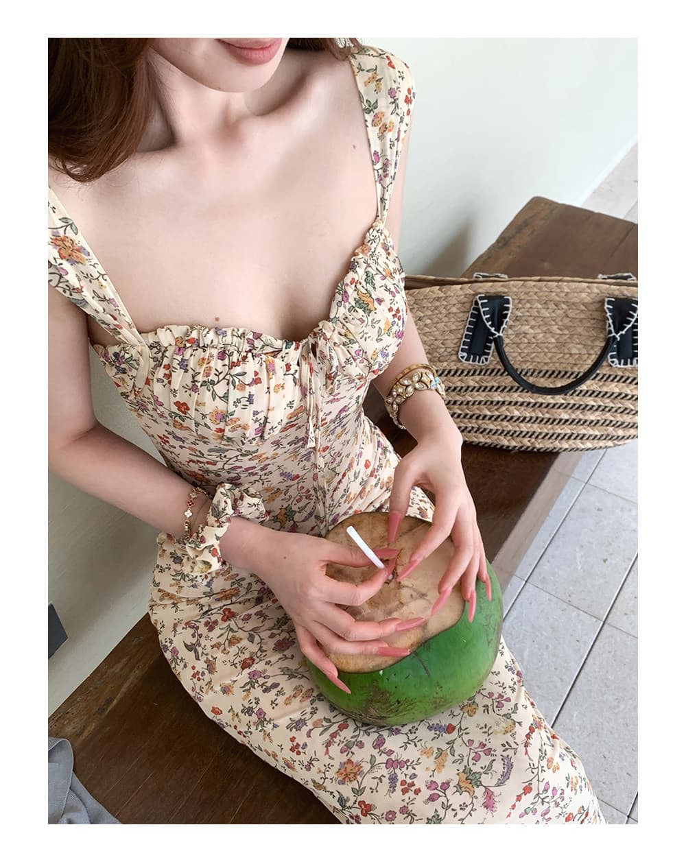 sya 크 사이 작은 웨스트 프랑스식 작은 꽃무늬 여성 드레스 여름 신축성 광장 칼라 허리 수축 길다 쇼트 스타일 슬립 드레스 머리카락 서클 상세 이미지 14