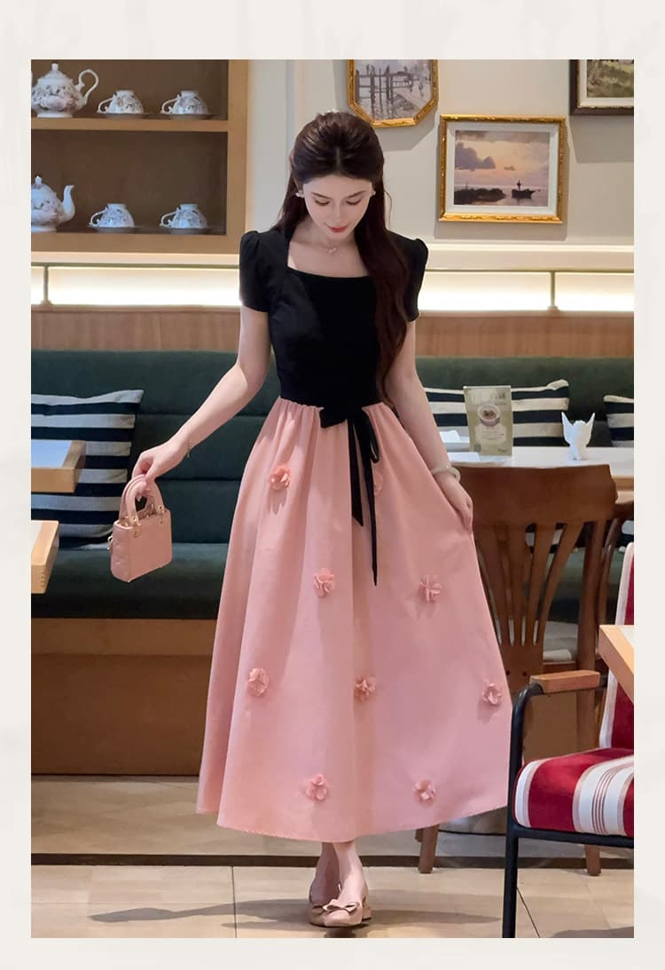 lili 리 리 가족 블랙 분말 모네 프랑스식 디자인 센스 3 차원 꽃 롱 스커트 패치워크 허리 수축 여성 드레스 상세 이미지 13