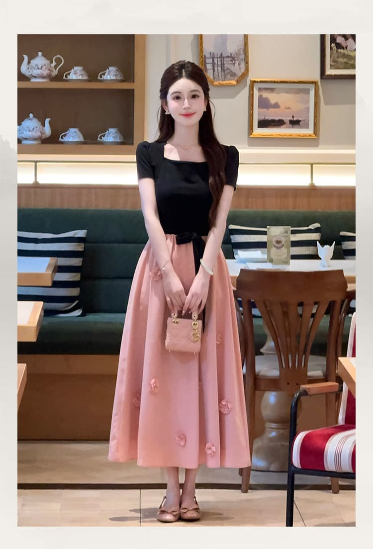 lili 리 리 가족 블랙 분말 모네 프랑스식 디자인 센스 3 차원 꽃 롱 스커트 패치워크 허리 수축 여성 드레스 상세 이미지 14