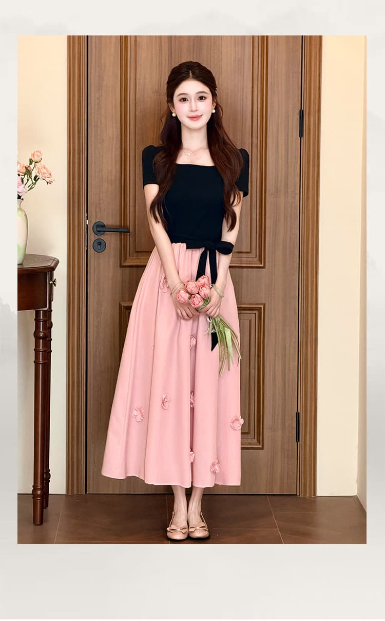 lili 리 리 가족 블랙 분말 모네 프랑스식 디자인 센스 3 차원 꽃 롱 스커트 패치워크 허리 수축 여성 드레스 상세 이미지 16