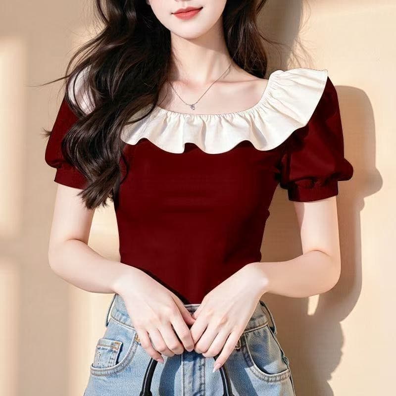 폭발 패치워크 연꽃 잎 레이스 반팔 티셔츠 여성 여름 새로운 연령 감소 고유 한 아름다운 작은 셔츠 맨위