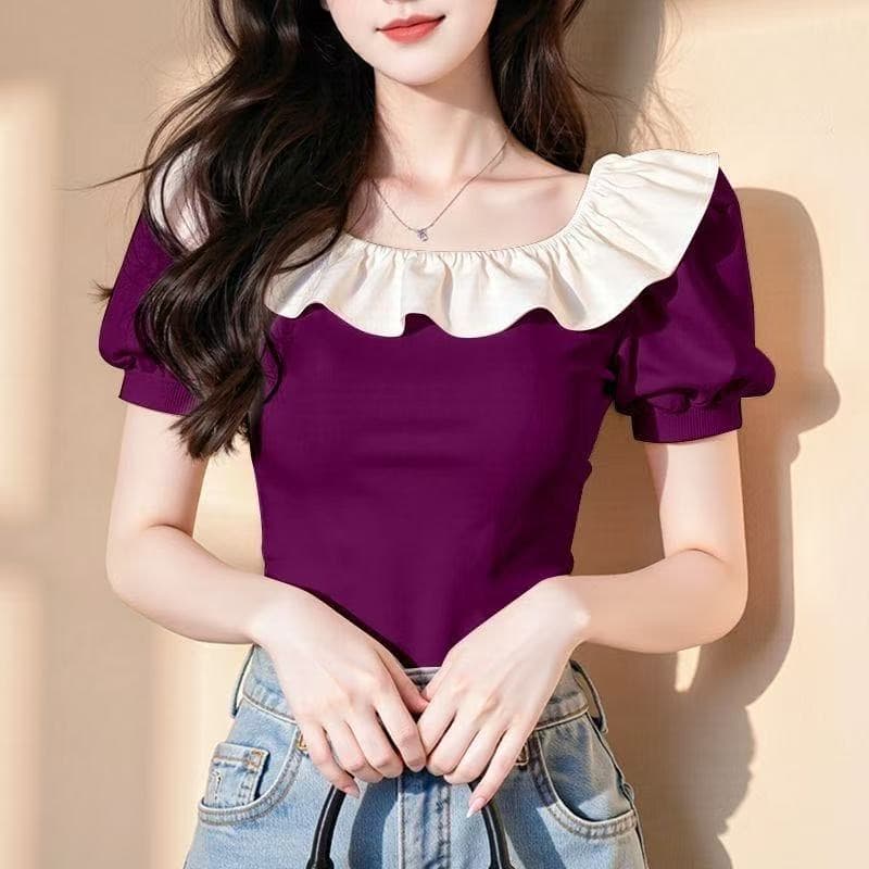폭발 패치워크 연꽃 잎 레이스 반팔 티셔츠 여성 여름 새로운 연령 감소 고유 한 아름다운 작은 셔츠 맨위 이미지 4