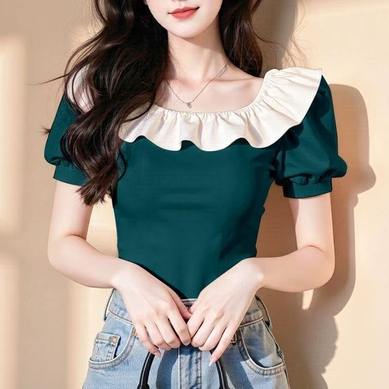폭발 패치워크 연꽃 잎 레이스 반팔 티셔츠 여성 여름 새로운 연령 감소 고유 한 아름다운 작은 셔츠 맨위 이미지 2