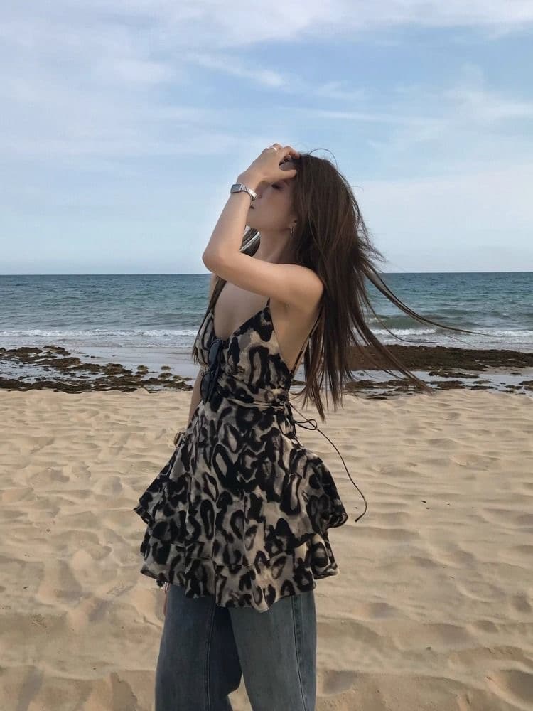 디 리 뜨거운 바 같은 단락 레오파드 무늬 프릴 V넥 슬립 여성 드레스 여름 외출용 아메리칸 섹시함 핫걸 맨위 이미지 2