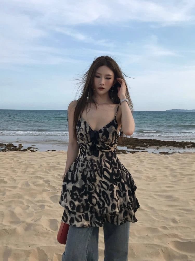 디 리 뜨거운 바 같은 단락 레오파드 무늬 프릴 V넥 슬립 여성 드레스 여름 외출용 아메리칸 섹시함 핫걸 맨위