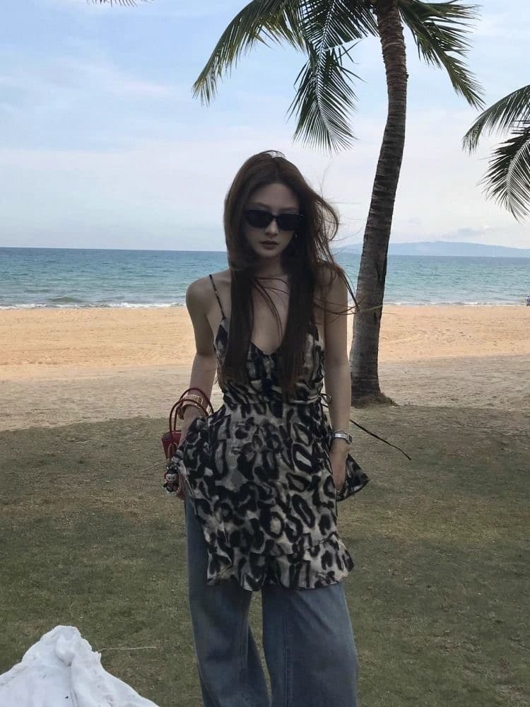 디 리 뜨거운 바 같은 단락 레오파드 무늬 프릴 V넥 슬립 여성 드레스 여름 외출용 아메리칸 섹시함 핫걸 맨위 이미지 3