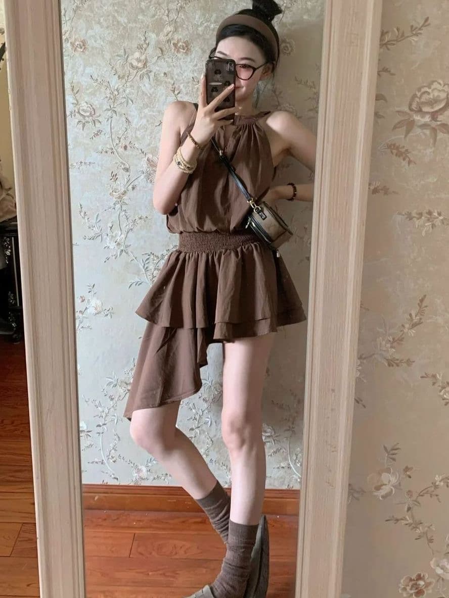 순수한 욕망 섹시함 핫걸 민소매 행침 목 여성 드레스 프랑스식 품격 작은 대중 디자인 센스 불규칙 슬립 미니 스커트 이미지 3